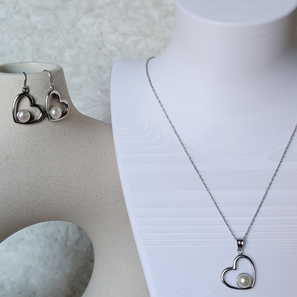 Sterling Silver 925 Heart Pendant and Earrings with Fresh Water Pearl Set